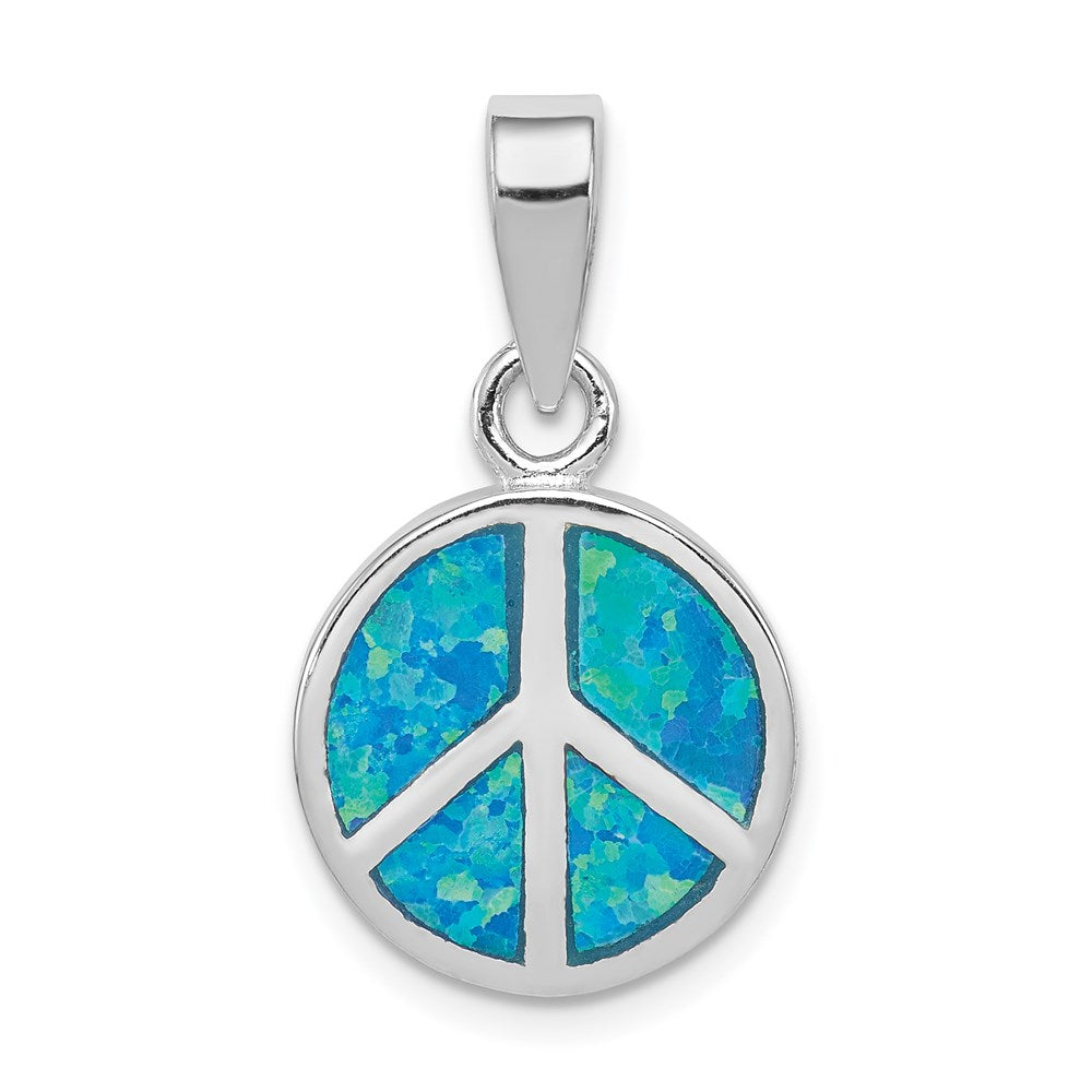 Sterling Silver Rhodium-plated Blue Inlay Created Opal Peace Sign Pendant QP2746