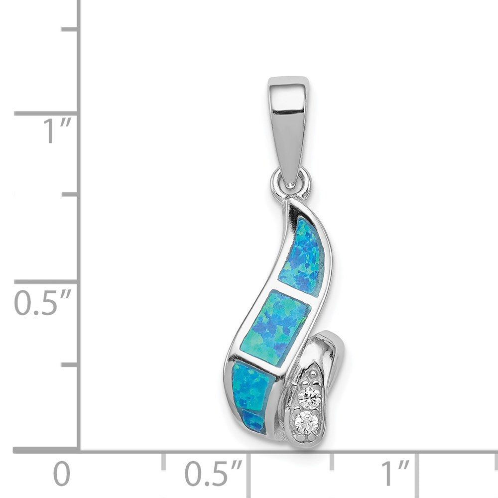 Sterling Silver Rhod-plated CZ Blue Inlay Created Opal Twisted Pendant QP2747