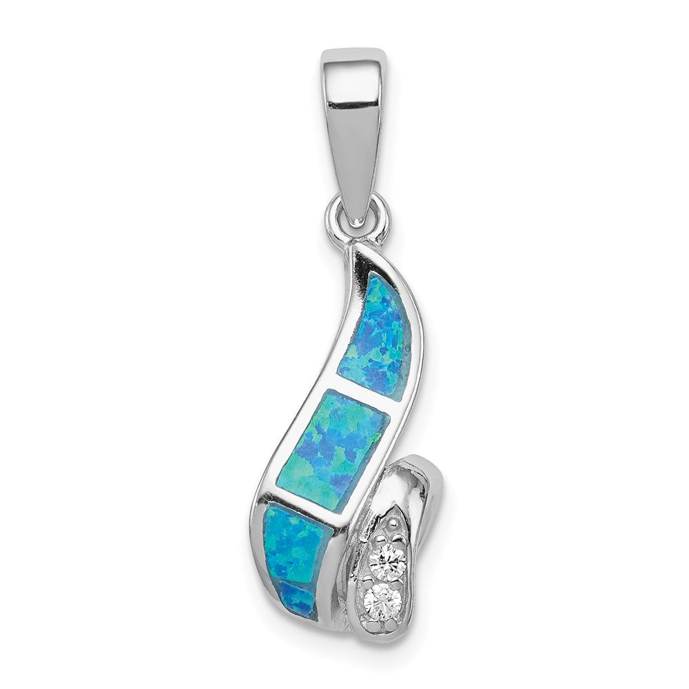 Sterling Silver Rhod-plated CZ Blue Inlay Created Opal Twisted Pendant QP2747