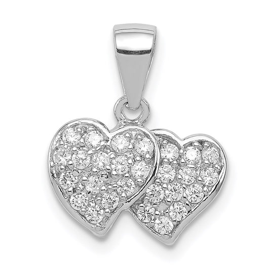 Sterling Silver Rhodium-plated CZ Small Double Hearts Pendant QP2763