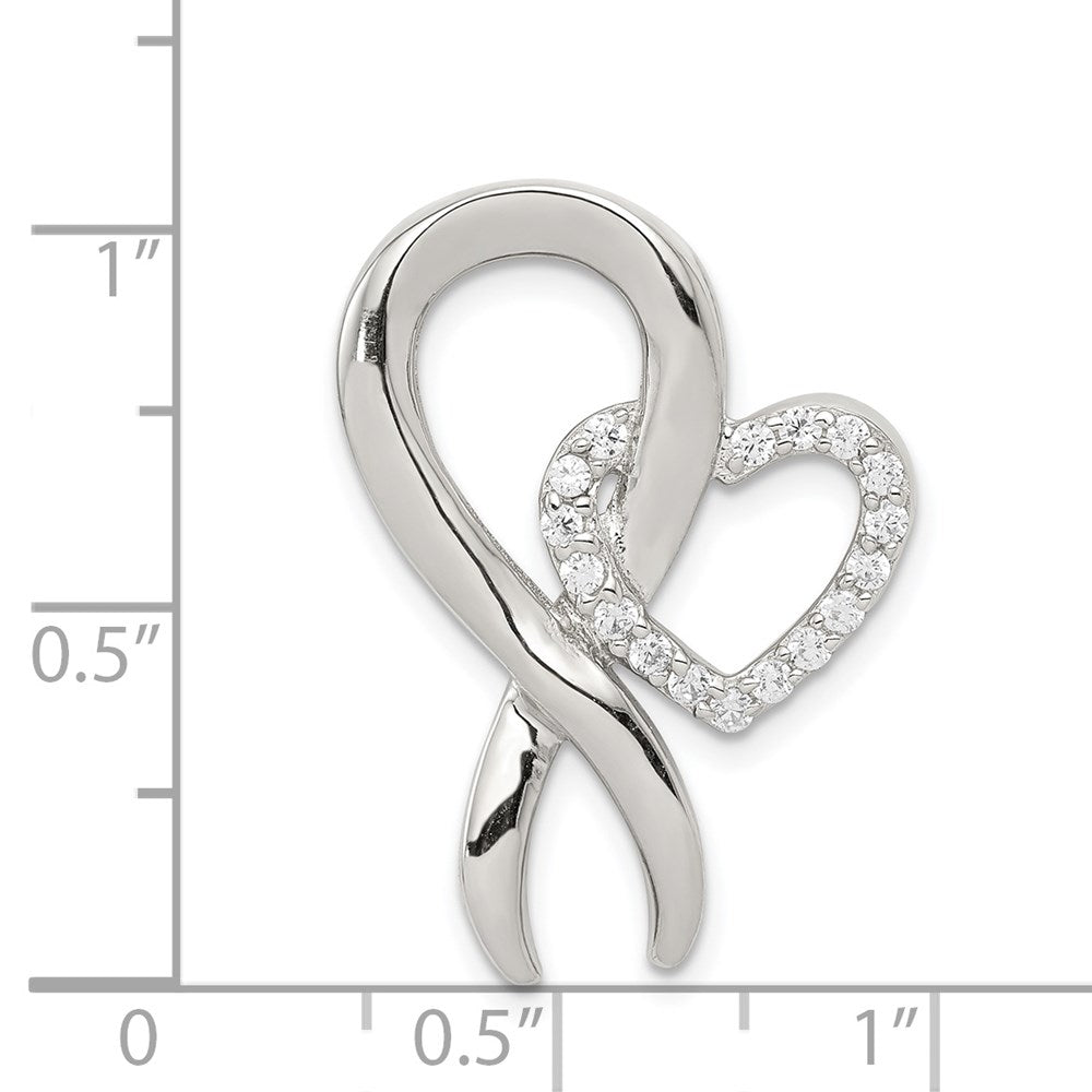 Sterling Silver Rhod-plated CZ Heart/Breast Cancer Ribbon Chain Slide QP2784