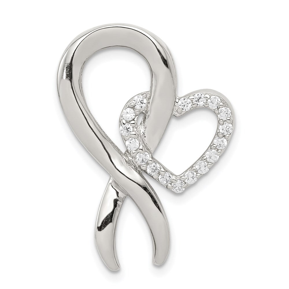 Sterling Silver Rhod-plated CZ Heart/Breast Cancer Ribbon Chain Slide QP2784
