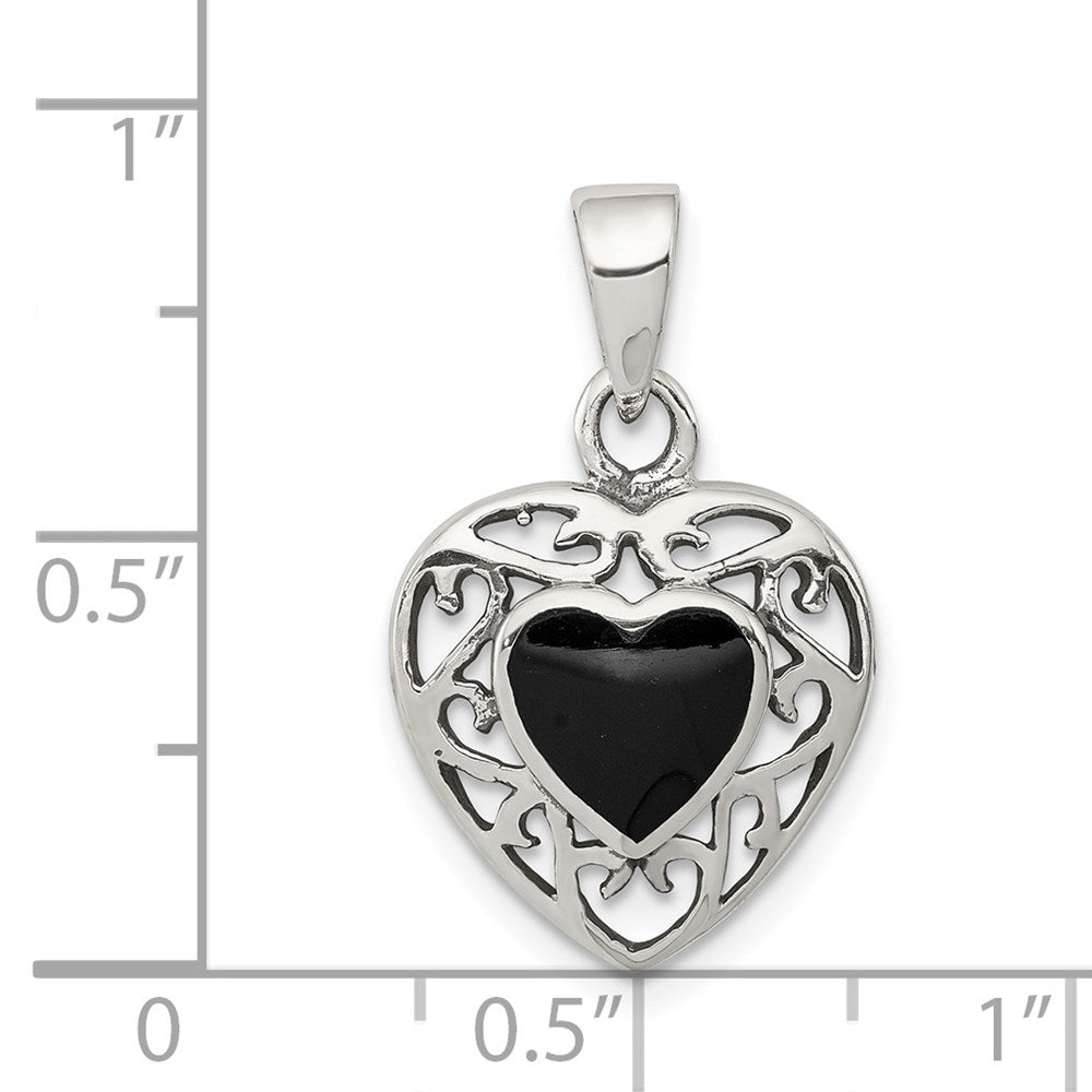 Sterling Silver Filigree Frame Onyx Heart Antiqued Heart Pendant QP2830