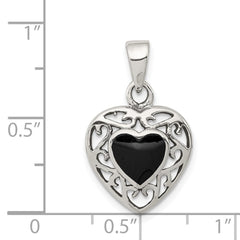 Sterling Silver Filigree Frame Onyx Heart Antiqued Heart Pendant QP2830