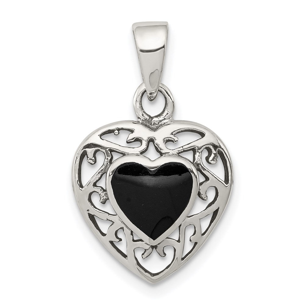 Sterling Silver Filigree Frame Onyx Heart Antiqued Heart Pendant QP2830