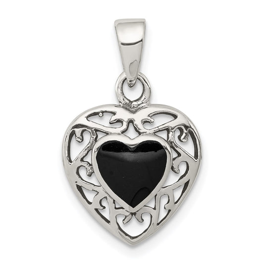 Sterling Silver Filigree Frame Onyx Heart Antiqued Heart Pendant QP2830