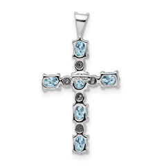 Sterling Silver Rhodium Plated Diamond & Aquamarine Cross Pendant QP2955AQ