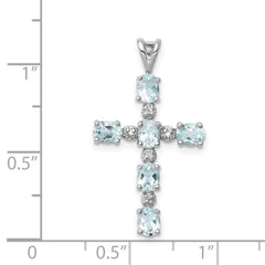 Sterling Silver Rhodium Plated Diamond & Aquamarine Cross Pendant QP2955AQ