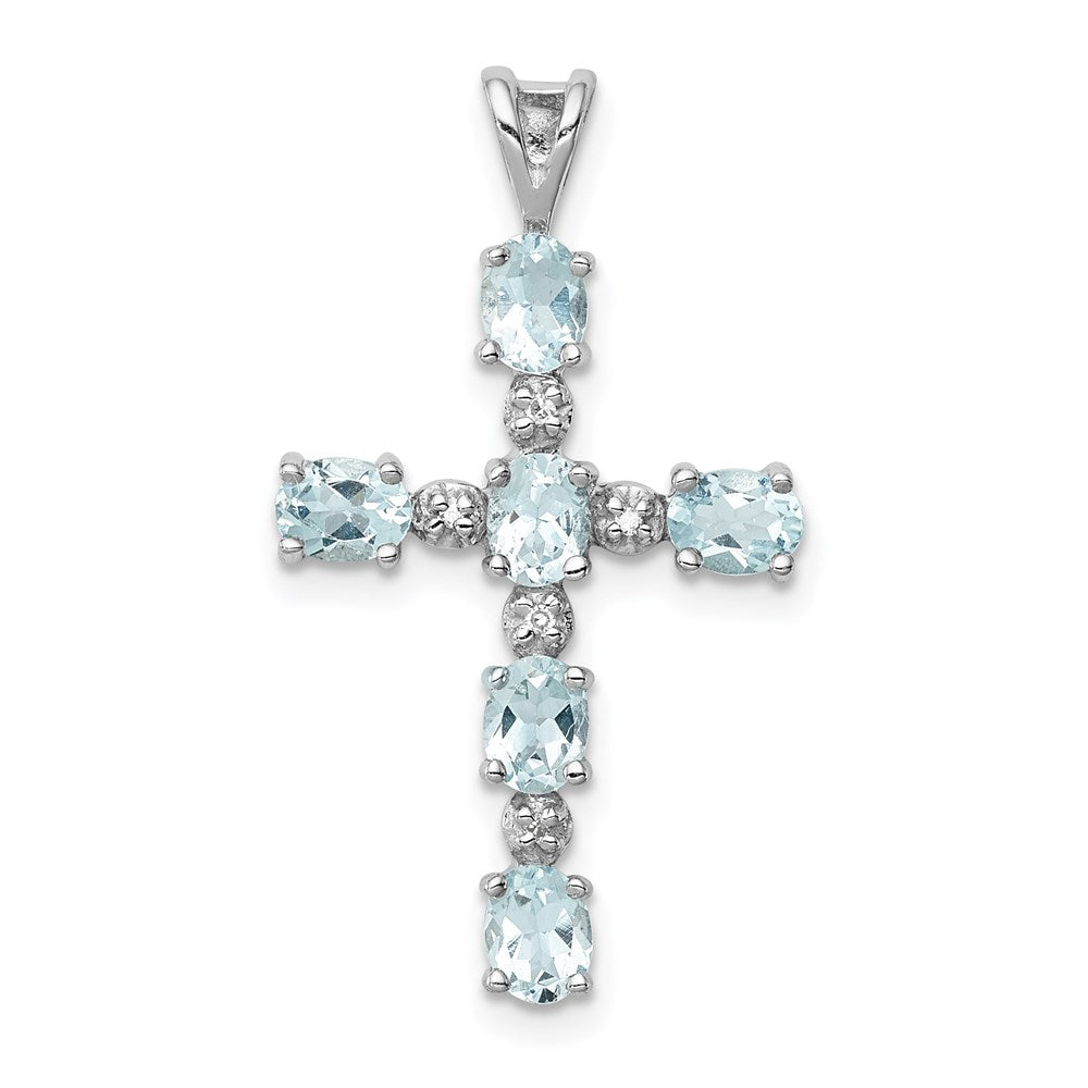 Sterling Silver Rhodium Plated Diamond & Aquamarine Cross Pendant QP2955AQ