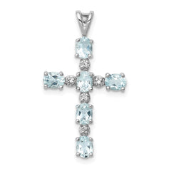 Sterling Silver Rhodium Plated Diamond & Aquamarine Cross Pendant QP2955AQ