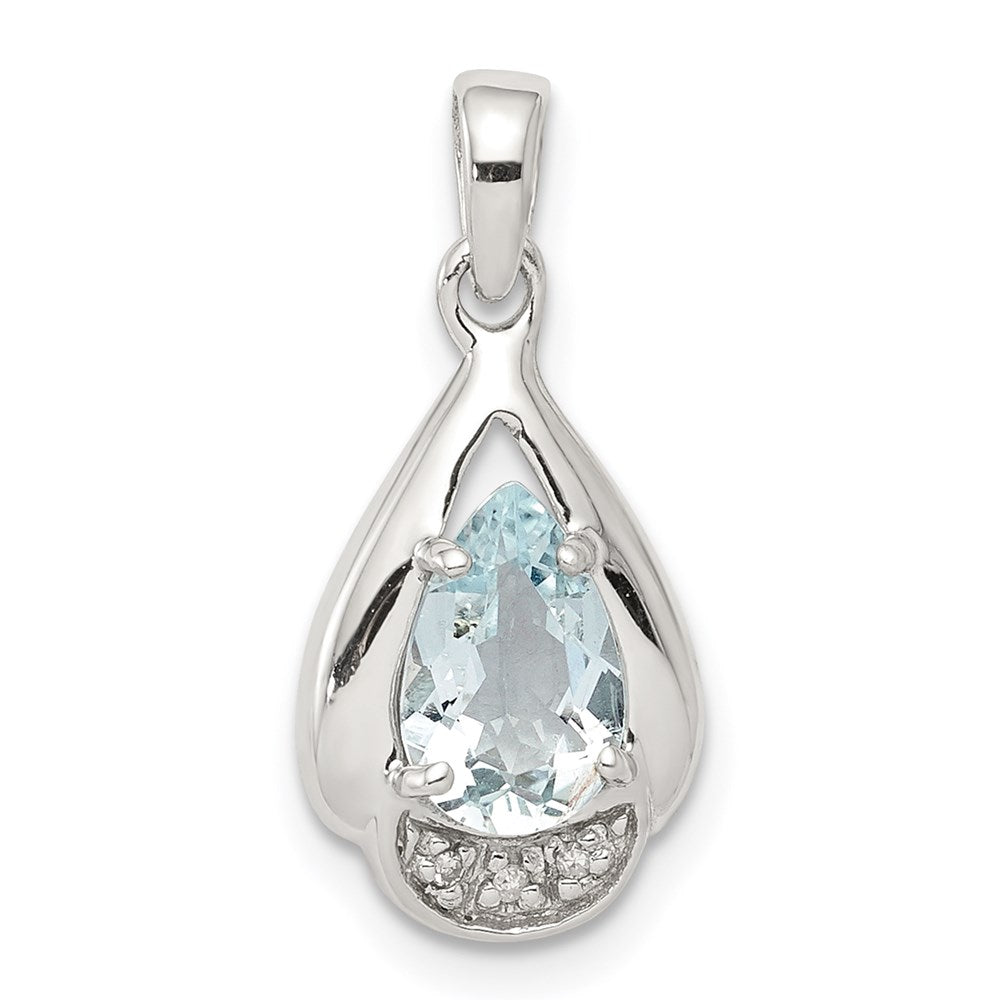 Sterling Silver Rhodium Plated Diamond and Aquamarine Pendant QP2958AQ