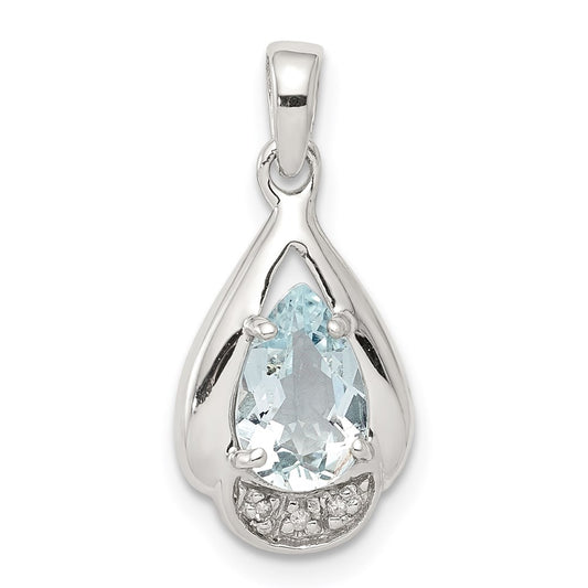 Sterling Silver Rhodium Plated Diamond and Aquamarine Pendant QP2958AQ