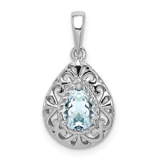 Sterling Silver Rhodium Plated Aquamarine Teardrop Pendant QP3005AQ