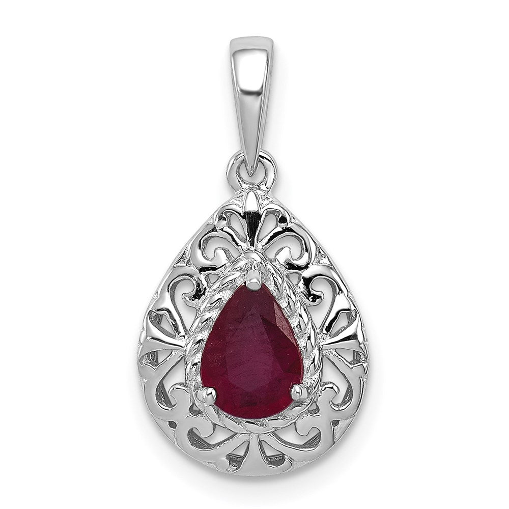 Sterling Silver Rhodium Plated Ruby Teardrop Pendant QP3005R