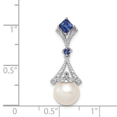 Sterling Silver Rhod Plated Dia. Created Sapphire FW Cultured Pearl Pendant QP3187