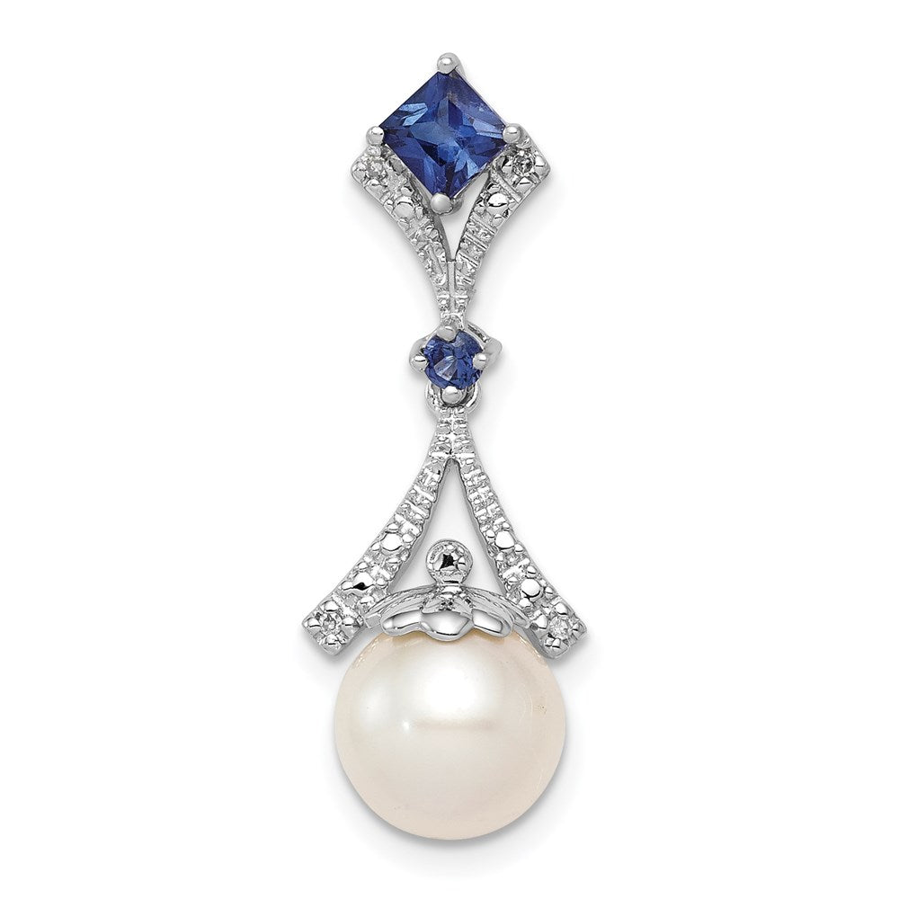 Sterling Silver Rhod Plated Dia. Created Sapphire FW Cultured Pearl Pendant QP3187