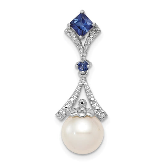 Sterling Silver Rhod Plated Dia. Created Sapphire FW Cultured Pearl Pendant QP3187