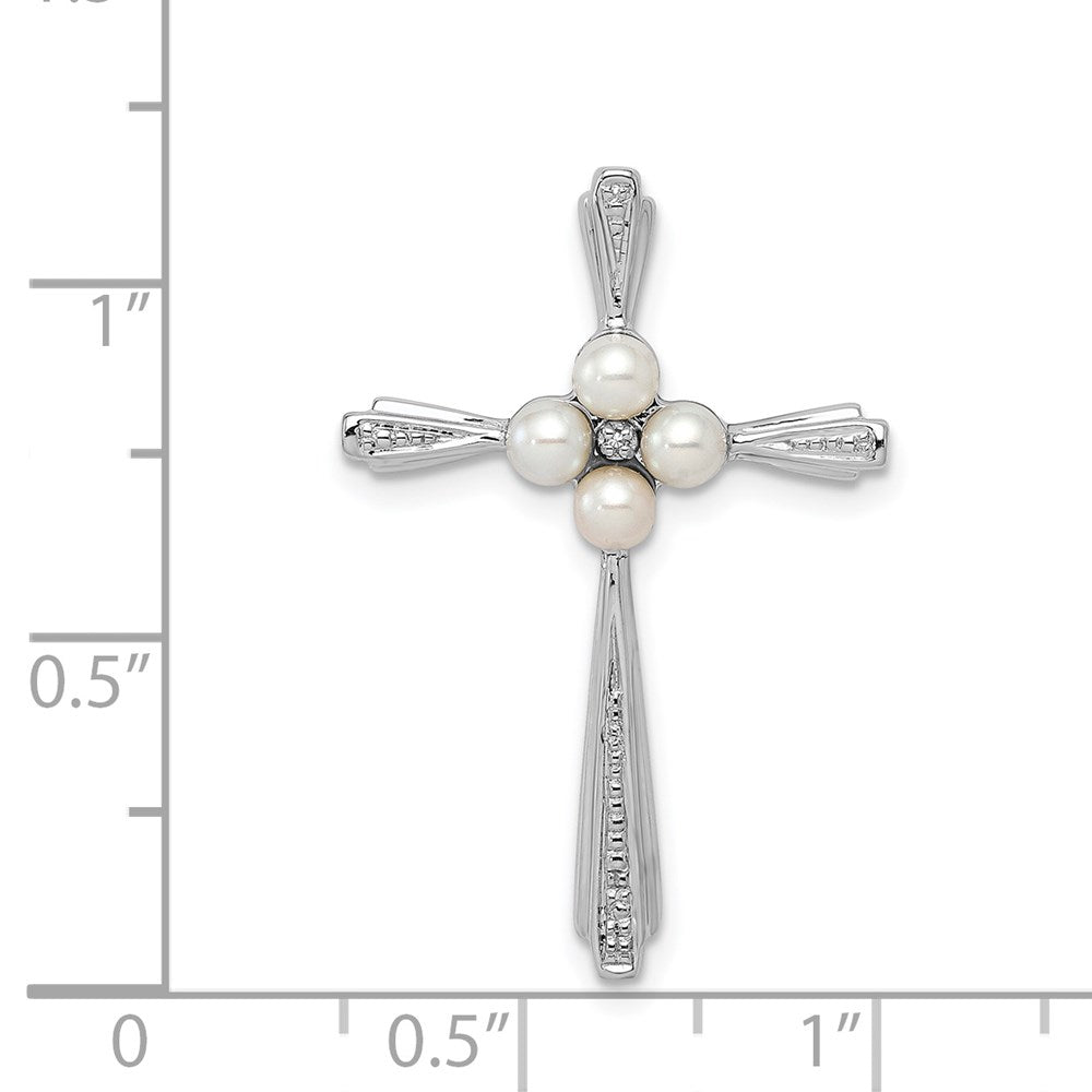 Sterling Silver Rhod Plated Diamond FW Cultured Pearl Cross Pendant QP3189