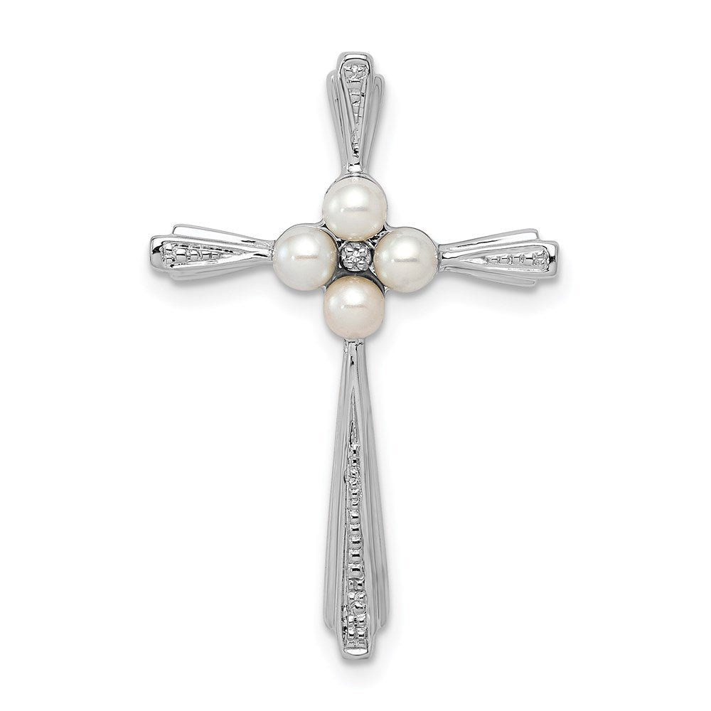 Sterling Silver Rhod Plated Diamond FW Cultured Pearl Cross Pendant QP3189