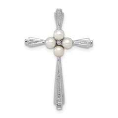Sterling Silver Rhod Plated Diamond FW Cultured Pearl Cross Pendant QP3189