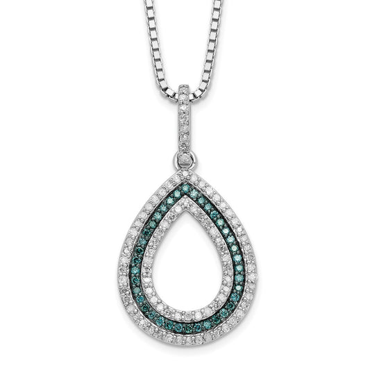White Night Sterling Silver Rhodium-plated Blue and White Diamond Teardrop 18 Inch Necklace with 2 Inch Extender QP3679