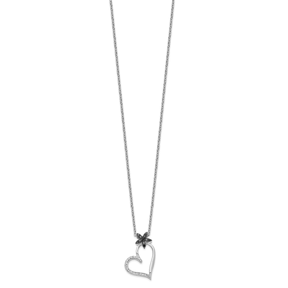 White Night Sterling Silver Rhodium-plated Black and White Diamond Heart with Flower 18 Inch Necklace with 2 Inch Extender QP3748