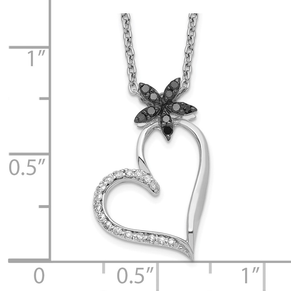 White Night Sterling Silver Rhodium-plated Black and White Diamond Heart with Flower 18 Inch Necklace with 2 Inch Extender QP3748