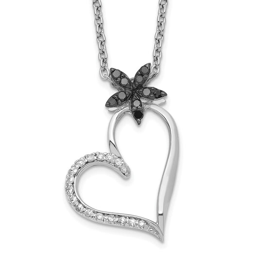 White Night Sterling Silver Rhodium-plated Black and White Diamond Heart with Flower 18 Inch Necklace with 2 Inch Extender QP3748