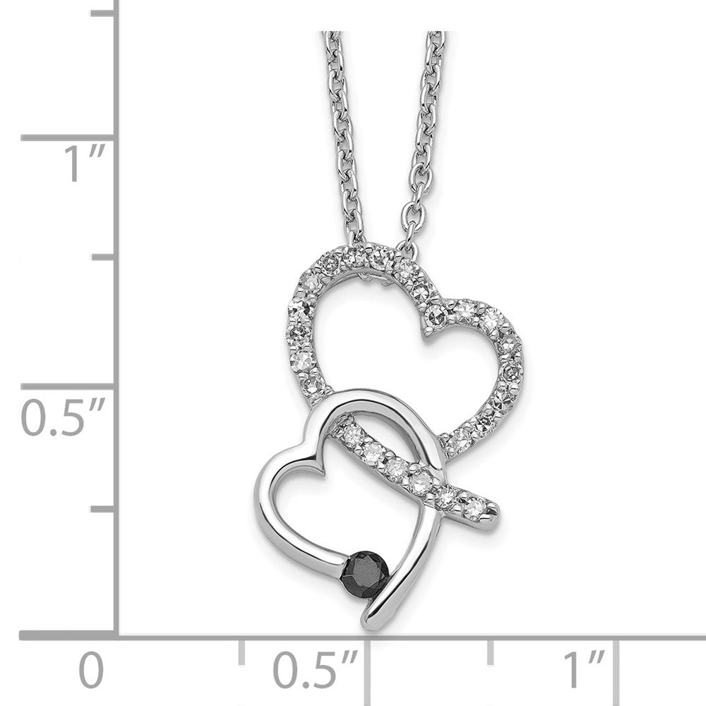 White Night Sterling Silver Rhodium-plated Black and White Diamond Double Heart 18 Inch Necklace with 2 Inch Extender QP3755