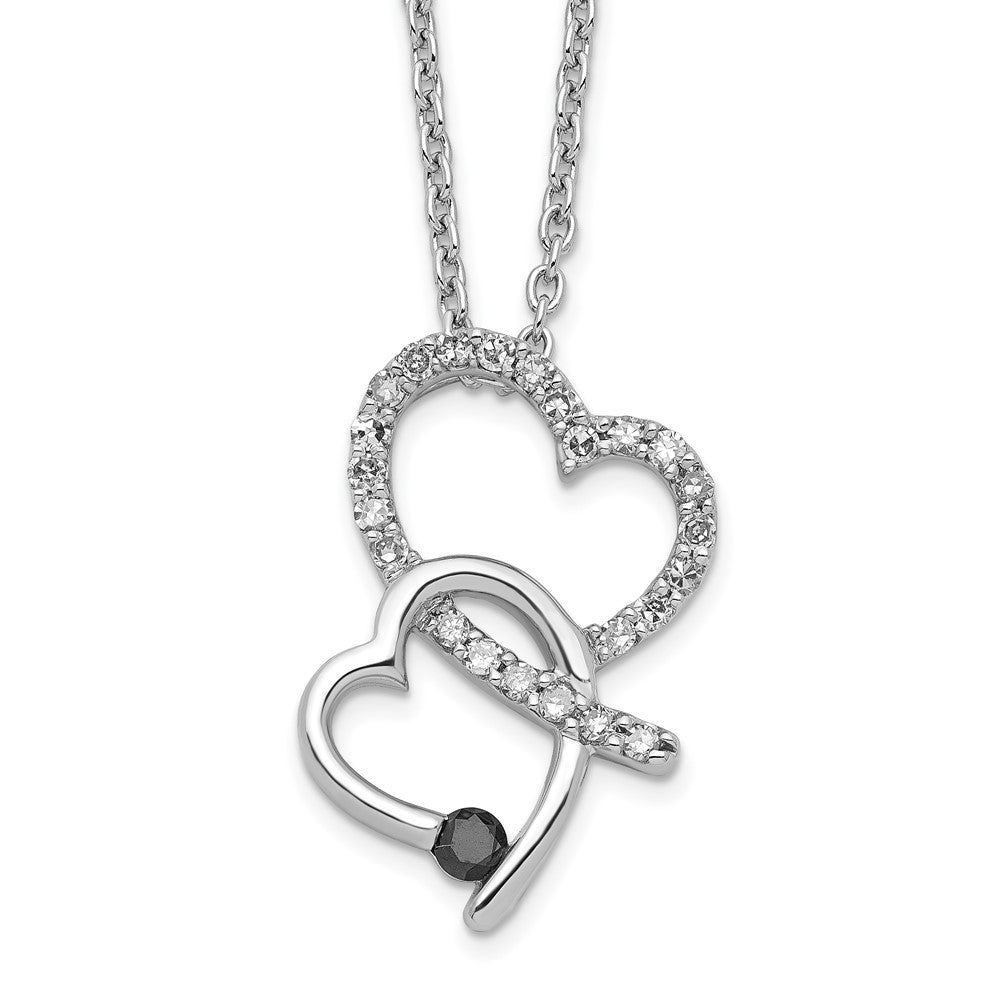 White Night Sterling Silver Rhodium-plated Black and White Diamond Double Heart 18 Inch Necklace with 2 Inch Extender QP3755