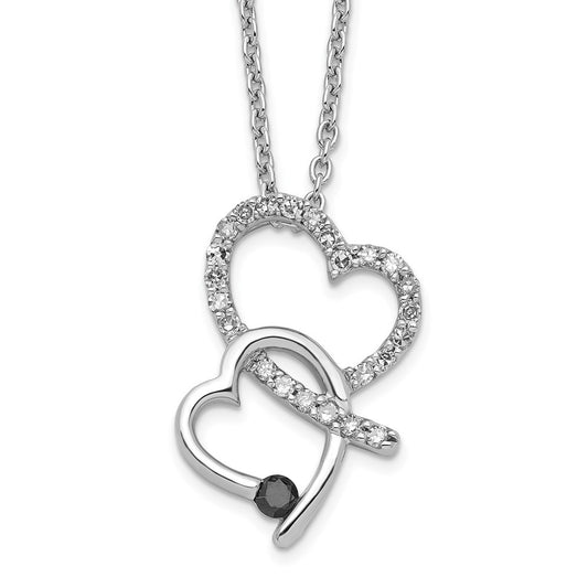 White Night Sterling Silver Rhodium-plated Black and White Diamond Double Heart 18 Inch Necklace with 2 Inch Extender QP3755