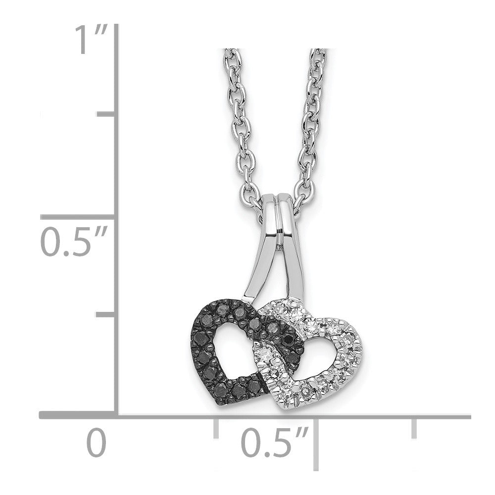 White Night Sterling Silver Rhodium-plated Black and White Diamond Double Heart 18 Inch Necklace with 2 Inch Extender QP3757