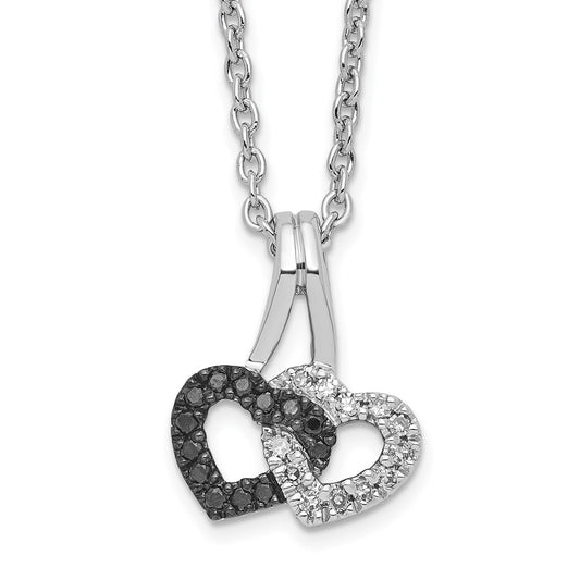 White Night Sterling Silver Rhodium-plated Black and White Diamond Double Heart 18 Inch Necklace with 2 Inch Extender QP3757