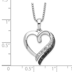 White Night Sterling Silver Rhodium-plated Black and White Diamond Heart Necklace with 2 Inch Extender QP3761