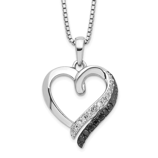 White Night Sterling Silver Rhodium-plated Black and White Diamond Heart Necklace with 2 Inch Extender QP3761
