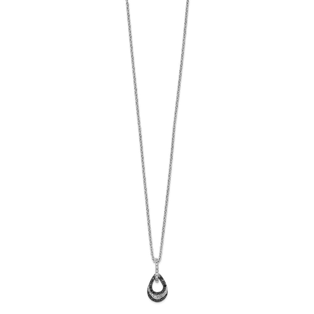 White Night Sterling Silver Rhodium-plated Black and White Diamond Teardrop Pendant 18 Inch Necklace with 2 Inch Extender QP3785