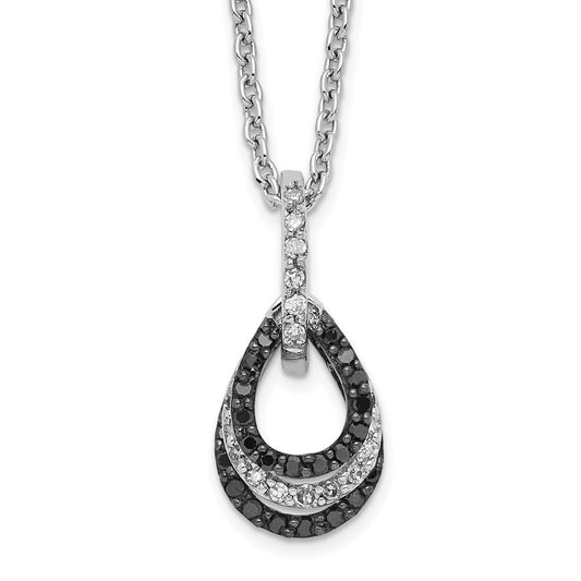 White Night Sterling Silver Rhodium-plated Black and White Diamond Teardrop Pendant 18 Inch Necklace with 2 Inch Extender QP3785