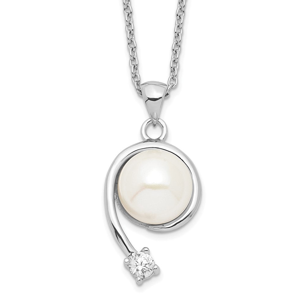 Sterling Silver Rhodium-plated 8-9mm White Button Freshwater Cultured Pearl and CZ 17 inch Necklace QP4629