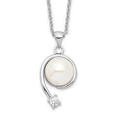 Sterling Silver Rhodium-plated 8-9mm White Button Freshwater Cultured Pearl and CZ 17 inch Necklace QP4629