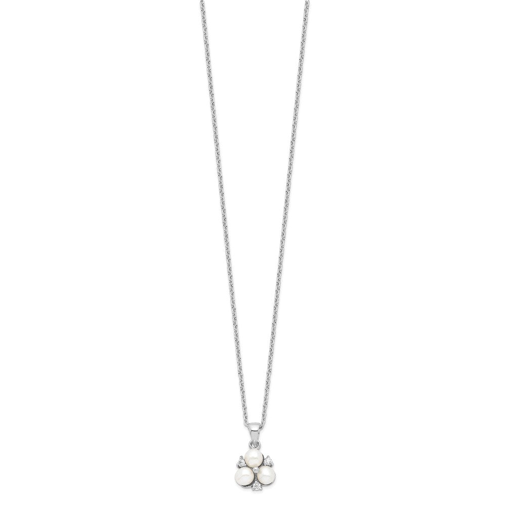 Sterling Silver Rhodium-plated 5-6mm White Button Freshwater Cultured 3-Pearl and CZ 17 inch Necklace QP4633