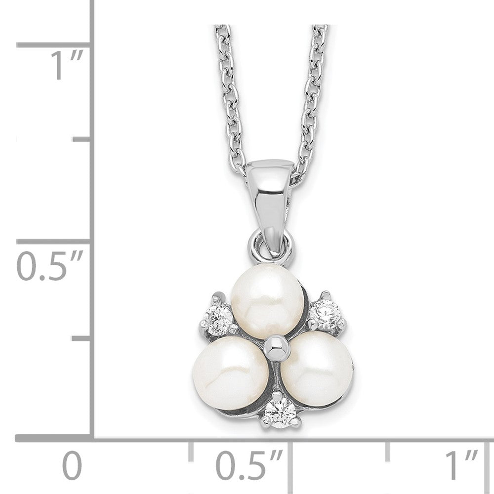 Sterling Silver Rhodium-plated 5-6mm White Button Freshwater Cultured 3-Pearl and CZ 17 inch Necklace QP4633