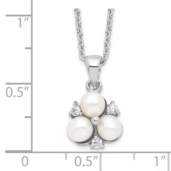 Sterling Silver Rhodium-plated 5-6mm White Button Freshwater Cultured 3-Pearl and CZ 17 inch Necklace QP4633