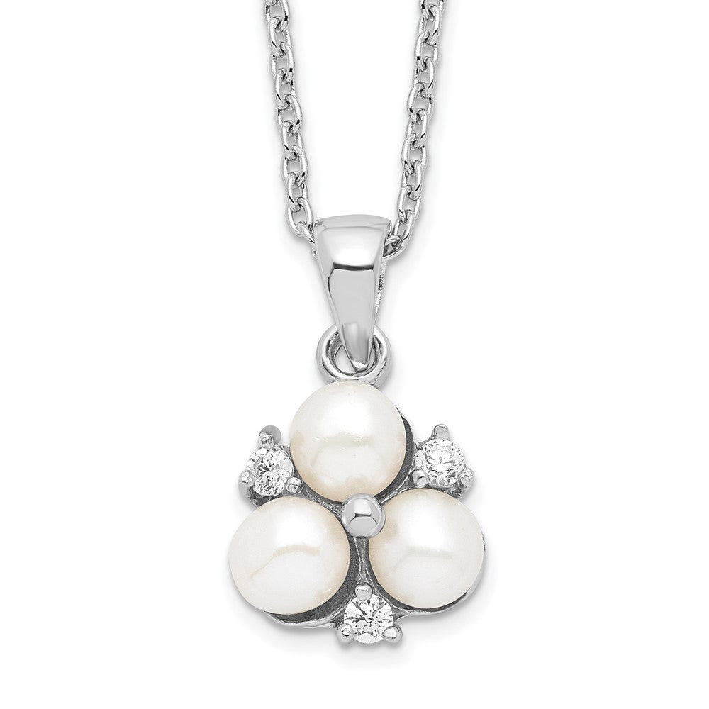 Sterling Silver Rhodium-plated 5-6mm White Button Freshwater Cultured 3-Pearl and CZ 17 inch Necklace QP4633