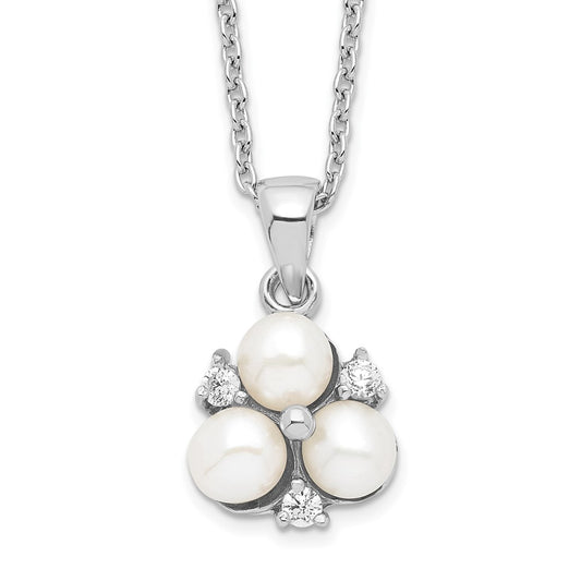 Sterling Silver Rhodium-plated 5-6mm White Button Freshwater Cultured 3-Pearl and CZ 17 inch Necklace QP4633