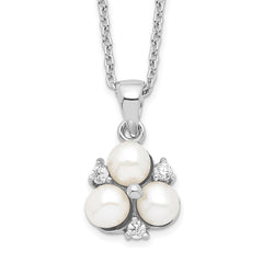 Sterling Silver Rhodium-plated 5-6mm White Button Freshwater Cultured 3-Pearl and CZ 17 inch Necklace QP4633
