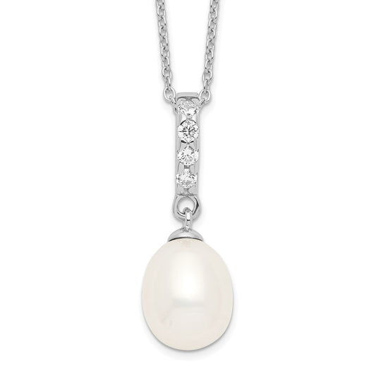 Sterling Silver Rhodium-plated 8-9mm White Teardrop Freshwater Cultured Pearl and CZ 17 inch Necklace QP4699