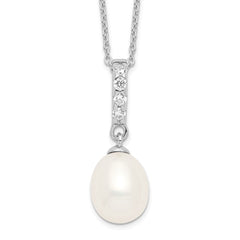 Sterling Silver Rhodium-plated 8-9mm White Teardrop Freshwater Cultured Pearl and CZ 17 inch Necklace QP4699