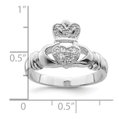 Sterling Silver Rhodium-plated CZ Claddagh Ring