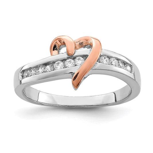 Sterling Silver Rhodium-plated Vermeil Polished Heart CZ Ring