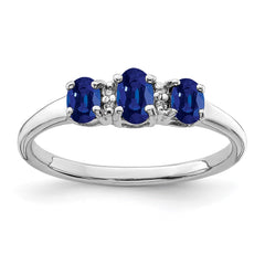 Sterling Silver Rhodium 3 Oval Sapphire & Diamond Ring